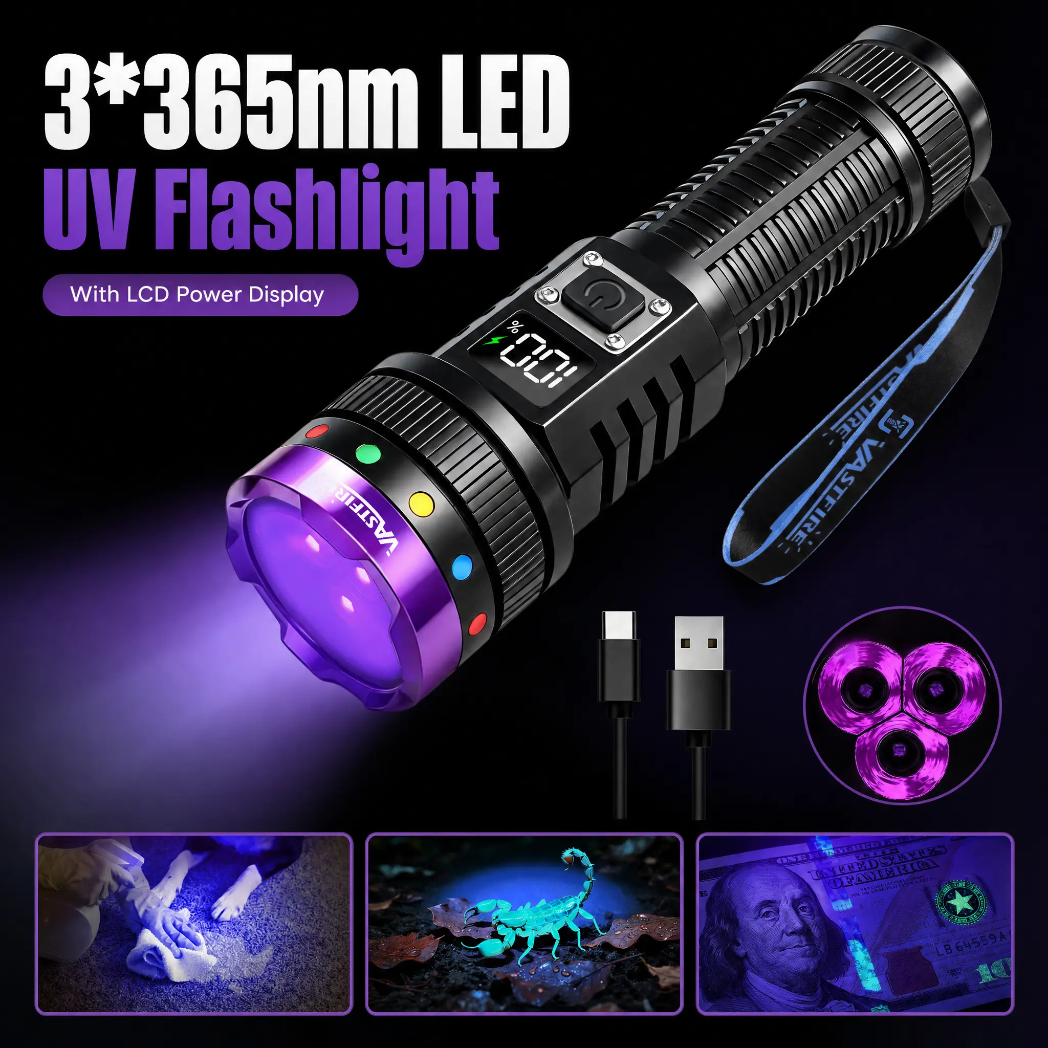 VASTFIRE 365nm UV Black Light Flashlight - Rechargeable Light, Aluminum Body, LCD Power Display, Urine Detect Tool, Stain Finder for Cats & Dogs (Pet Supplies)