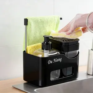 1pc Four-In-One Hand Sanitizer Dispenser Set with Sponge Holder, Press-Type Dual Soap Liquid Dispenser, Soap Pump