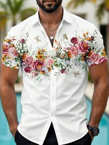 Men's Floral Allover Digital Print Slim Fit Short Sleeve Shirt - Casual Summer Beach Vacation Outdoor Essential