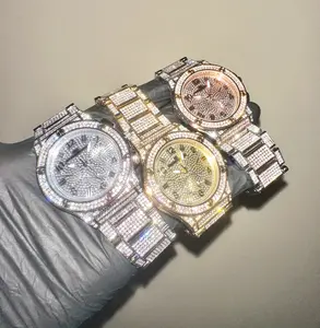 18K Gold/White/Rose Gold Unisex 45mm Round Face Luxury Hiphop Iced-Out Watch