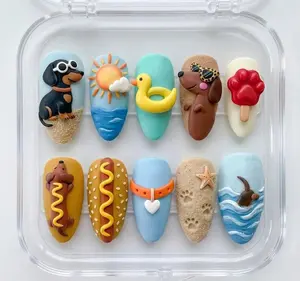 Handmade 3D Dachshund Beach Press On Nails | Summer Dog, Ocean Wave, Duckie Float & Heart | Almond Nails For Sunny Aesthetic
