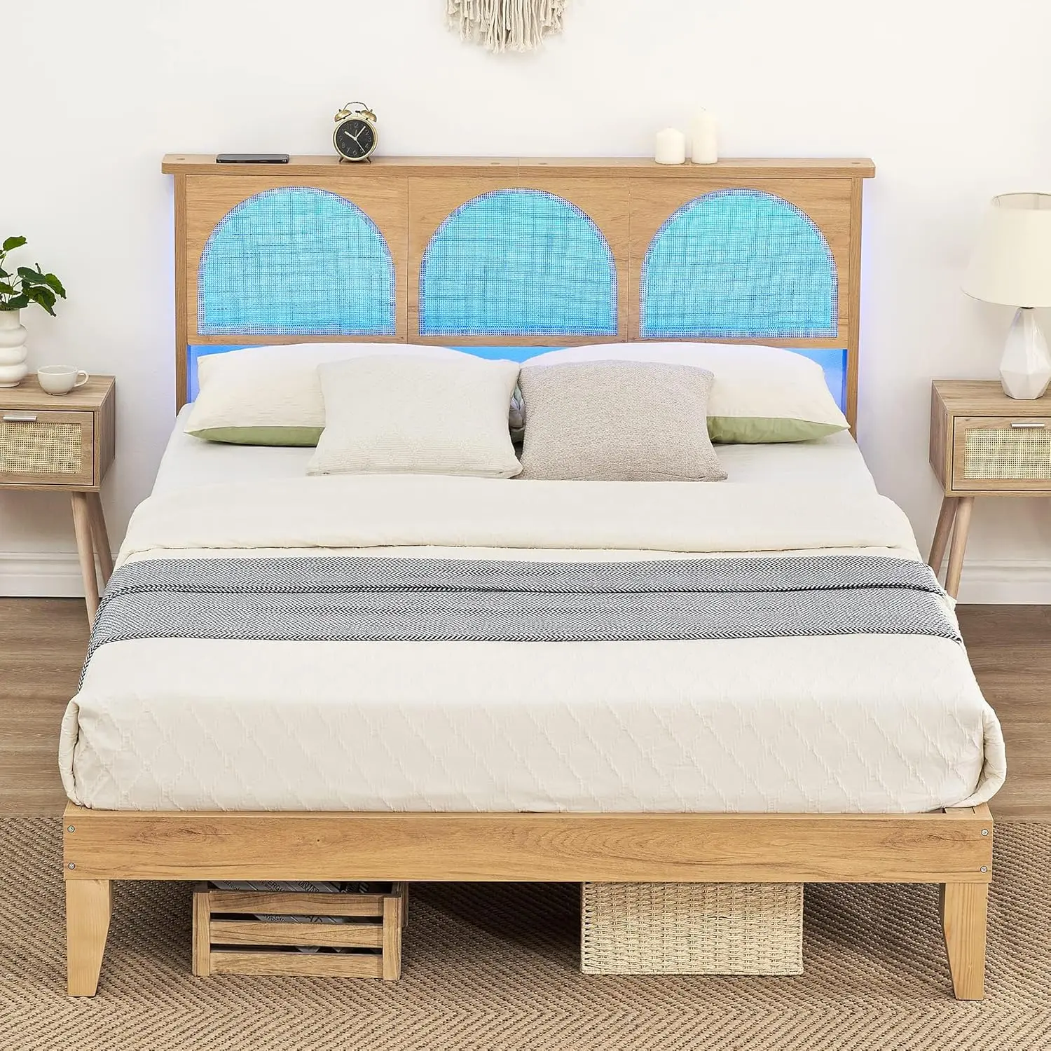 Boho Illuminated Natural Rattan Weave Queen Bed Frame - LED Lighting, Storage Headboard, Solid Wood Legs, Noise-Free Design, No Box Spring Needed, Easy Assembly, Boho Bed Frame