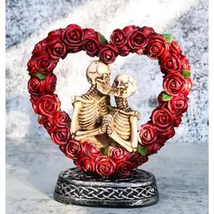Love Never Dies Roses On Heart Wreath Kissing Skeleton Couple Bronzed Figurine