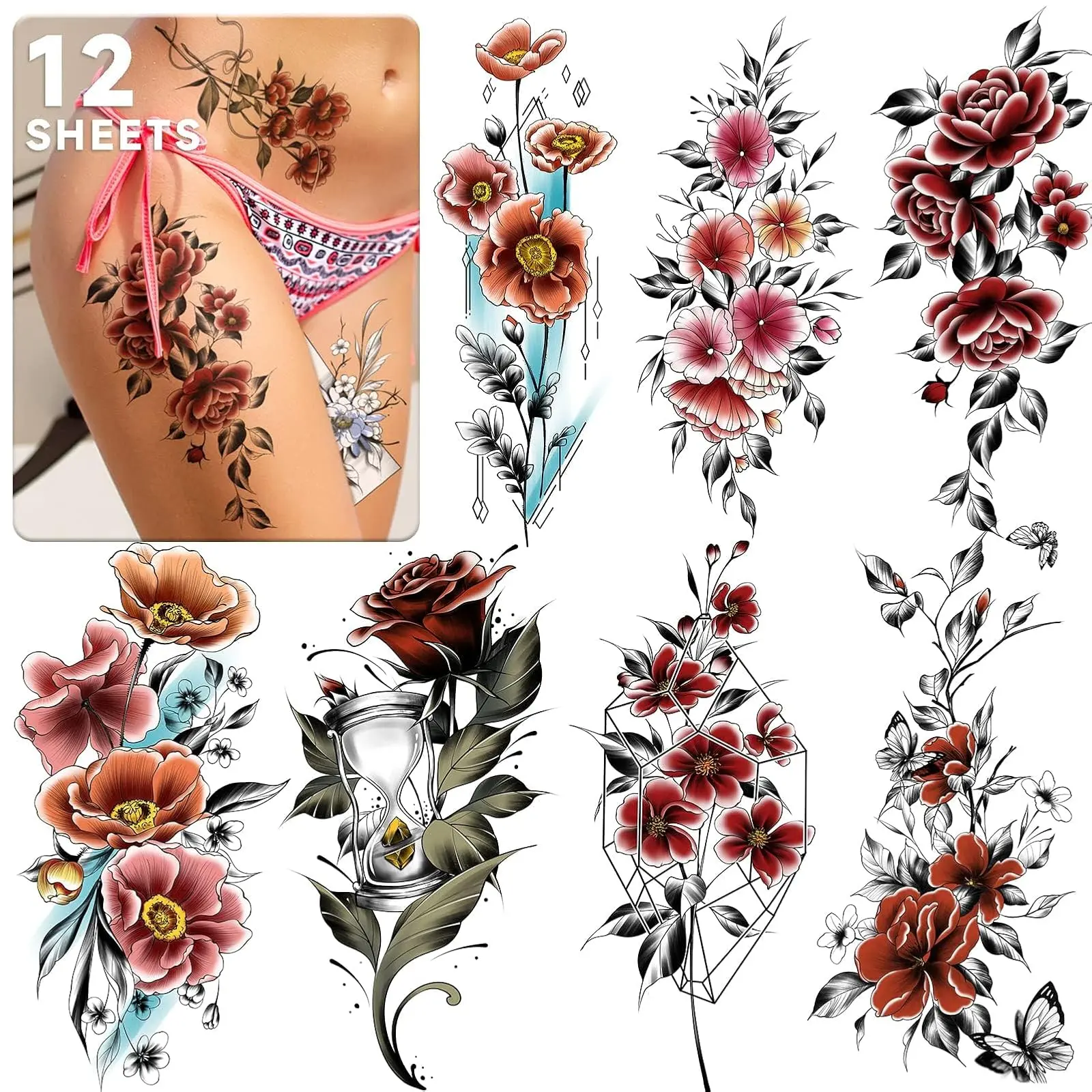 Half Arm Colorful Flower Fake Tattoos, 12 Sheets Large Temporary Tattoos Stickers for Women, Temporary Tattoo Sleeves for Women and Girls Arm Shoulder Leg Back