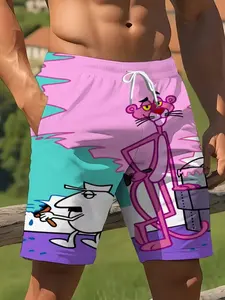Men's Casual Shorts with Gradient Pink-Blue-Purple Base and Pink Leopard Cartoon Emblem, Playful and Trendy Shorts Suitable for Daily Outings and Casual Vacations