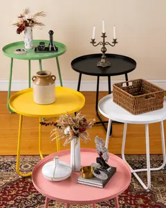 Round Metal Outdoor Side Table – Small Weatherproof End Table for Patio, Balcony, Garden, Bedside, Coffee Tea Snack Stand, Space-Saving, Easy Assembly, Multiple Colors: Pink, White, Black, Yellow, Green