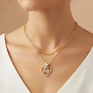MEIITRUE 14K Gold Plated Heart Pendant Initial Necklace for Women Hypoallergenic Layered Necklace with Zirconia Jewelry Gift Set Personalized Sparkle Adjustable Fit Gift-Ready