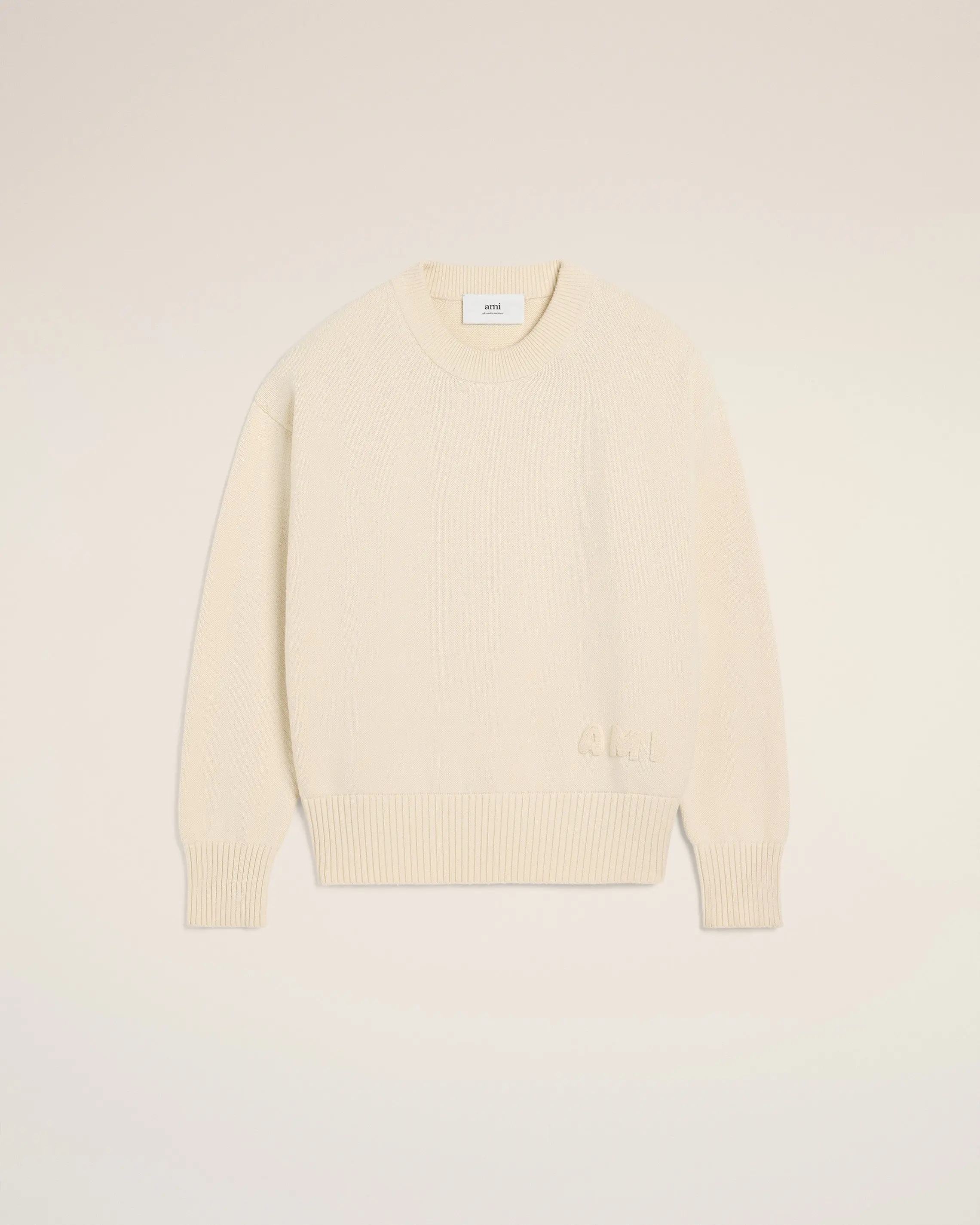AMI PARIS Beige Cotton Ami Embroidered Crewneck Sweater Mens Apparel