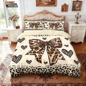 3-piece quilt cover set (1 quilt cover +2 pillowcases, coreless) Leopard print bow love print soft and comfortable bedding, suitable for all rooms to use Valentine's Day gift