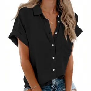 Tankaneo Womens Short Sleeve Shirts V Neck Collared Button Down Shirt Tops with Pockets
