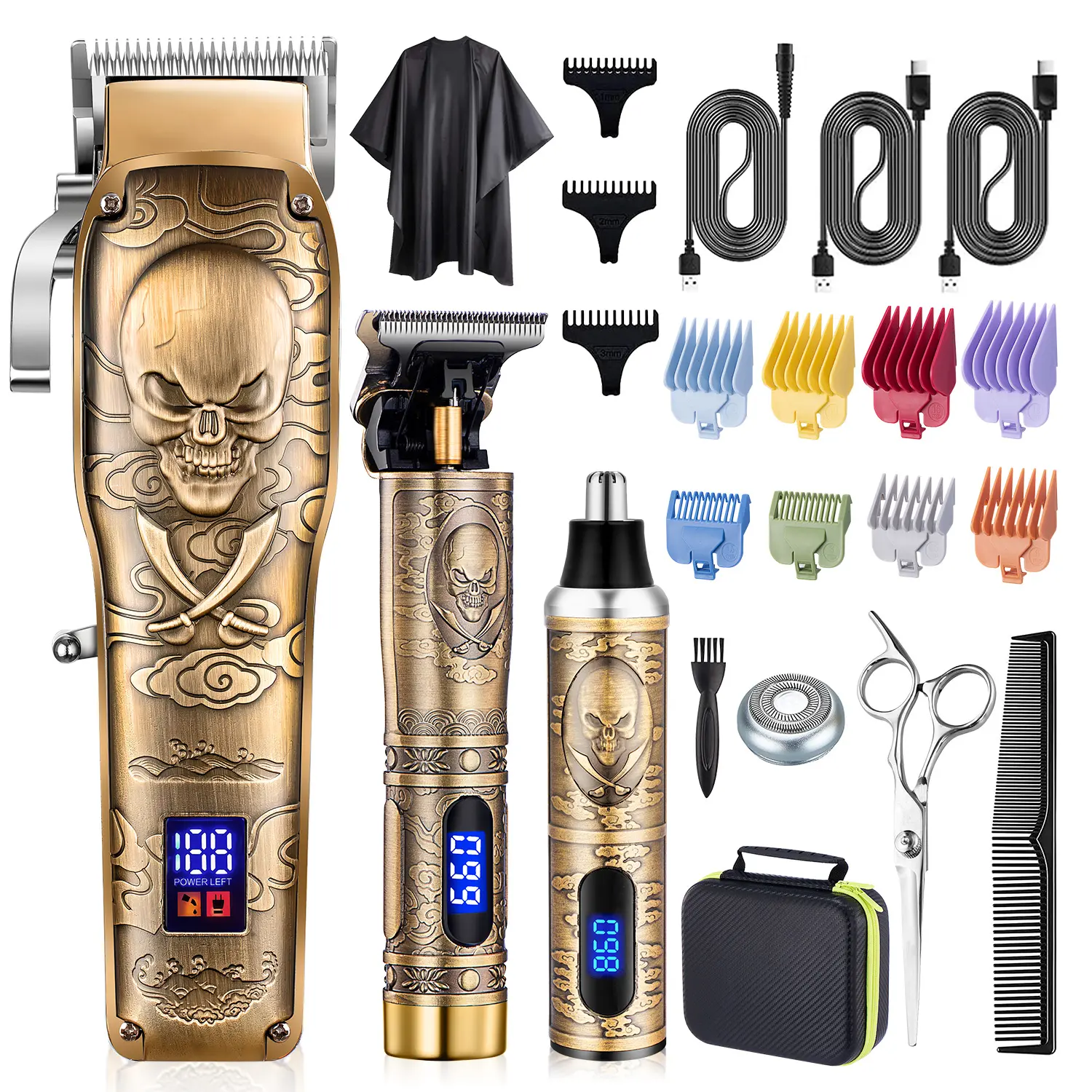 Men’s 3-piece professional hair clipper and nose hair trimmer set — USB rechargeable hair grooming kit featuring an LCD display, guide combs, adjustable clipper heads, and a detail trimming tool.