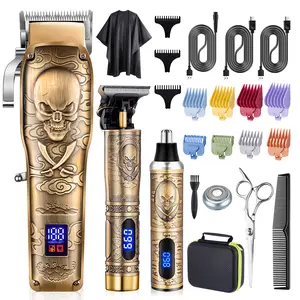 Men’s 3-piece professional hair clipper and nose hair trimmer set — USB rechargeable hair grooming kit featuring an LCD display, guide combs, adjustable clipper heads, and a detail trimming tool.