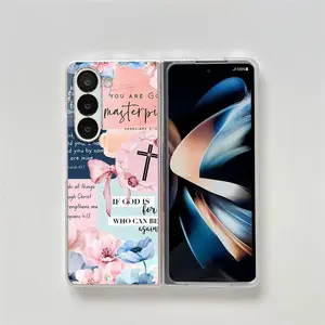 Clear Hard PC Foldable Phone Case Floral Slogan Pattern Durable Shockproof Protective Cover Compatible with Samsung Galaxy Z Fold 3 4 5 6 7
