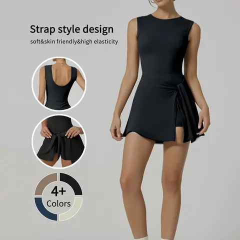 Women's Slim Fit Nylon+Spandex Sleeveless Sporty Chic Workout Dress - Ruffle Side Slit, Built-in Shorts, Tennis Attire for Yoga, Club, Cocktail, Easy Movement