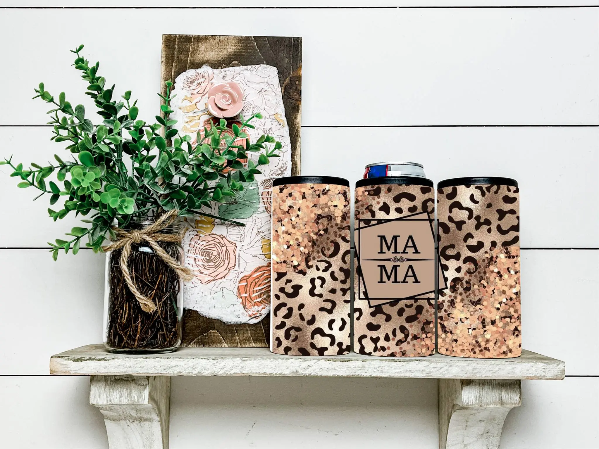 Mama  Leopard, Gold & Rose Gold Skinny Koozie Can Cooler