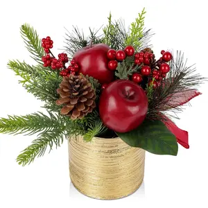Mini Christmas Tree, Artificial Potted Christmas Tree with Apples Pine Cones Berries Ribbon Tabletop Small Christmas Floral Arrangements in Pot Xmas Centerpieces for Tables Desk Mantle Decor-10.2''
