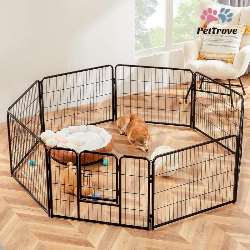 PetTrove Dog Playpen Indoor - Pet Fence Puppy Exercise Pen for Yard Gate 8 /16 Panel 24”/32 ”/48” Height Heavy Duty Crates with Doors Metal Dog Pen for Camping, RV, Outdoor, Small/Medium Pets