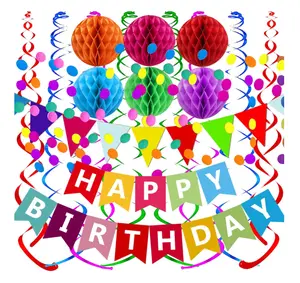 Happy Birthday Banner With Colorful Paper Flag Bunting Paper Circle Confetti Garland Swirl Streamers Honeycomb ball for Birthday Party Decorations