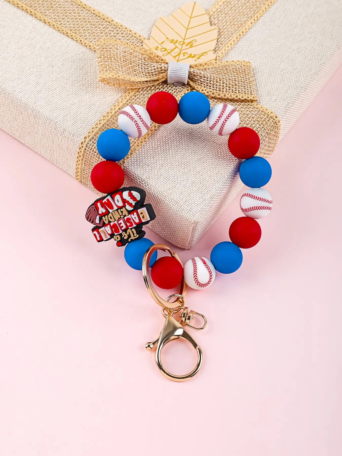 Baseball Silicone Beaded Wristlet Keychain, Sports Fan Key Ring Bracelet, Blue Design, Perfect Gift for Baseball Lovers