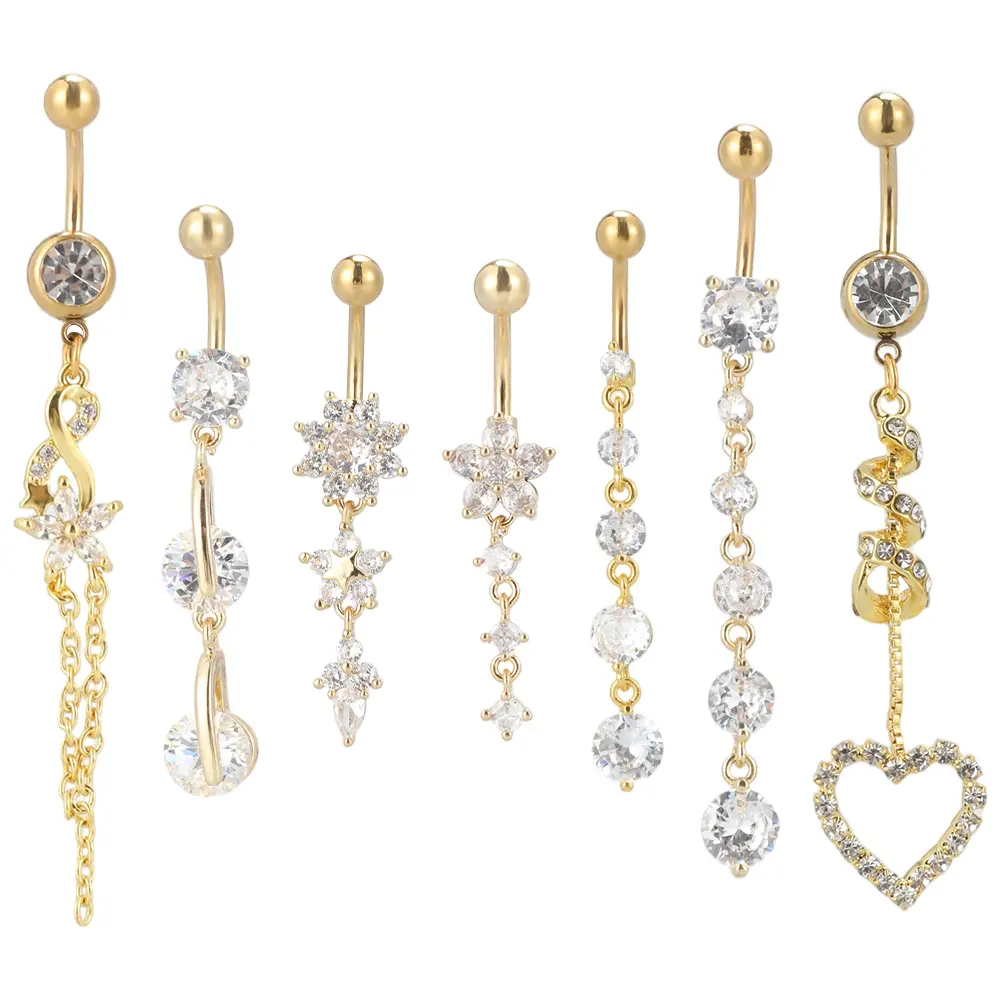 7-Piece Dangle Belly Button Rings for Women, 14 Gauge 316L Surgical Steel Body Jewellery, Curved Navel Barbell with 8mm CZ Ball