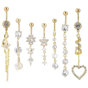 7 Pcs 14G Dangle Belly Button Rings for Women 316L Surgical Steel Curved Navel Barbell Body Jewelry Piercing
