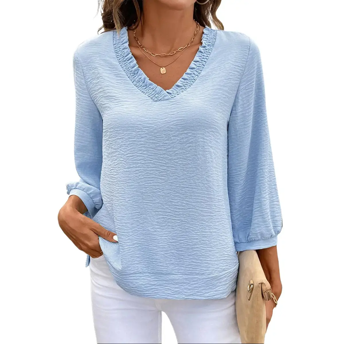 Shewin Women's Minimalist Fitted V-Neck Long Sleeve Blouse - 100% Polyester, Lightweight Breathable Basic Women's Fashion Comfy Casual Wardrobe Staples Ready to Wear Top for Daily Wear Black,back to school,back to school shopping, Longsleeves