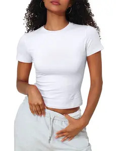 PrettyGuide Women's Crew Neck Short Sleeve Summer Basic Tee Slim Fit Cotton Jersey T Shirt Y2K Going Out Tops