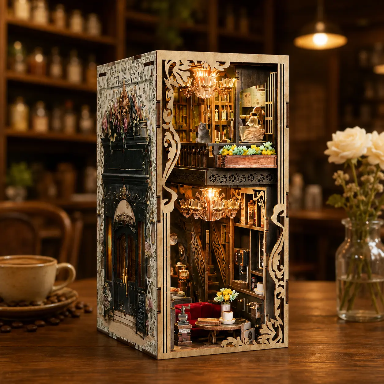 MiniCity Saisons Cafe Book Nook Kit, DIY Miniature Dollhouse Bookshelf Insert with LED Light, Coffee Shop Miniature Room Decor, 3D Wooden Puzzle Craft Gift for Adults and Teens