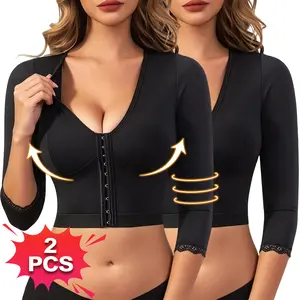 2PCS Women's Arm Shaper Tummy Control Post Surgery Arm Lipo Compression Long Sleeves with Lace Arm Front Zipper Closure Shapewear Bra Body shaper Shapewear Women