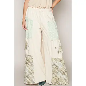 POL Drawstring Star Patch Contrast Wide Leg Pants