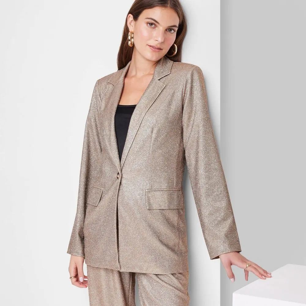 Wild Fable Women's Button Up Metallic Blazer Jacket Glitter Loose Fit, Spandex, Copper, Fabric