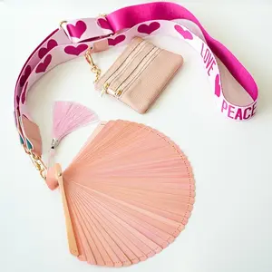 Chic Pink Bamboo Fan & Crossbody Phone Strap Set with Coin Purse4-in-1 Hands-Free Summer Essential Set - Pink Heart Edition