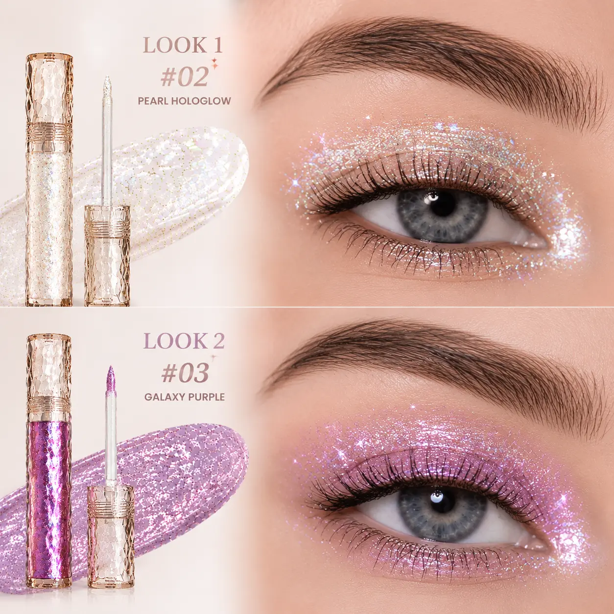 Liquid Glitter Eyeshadow, Holographic Sparkle Eye Shadow with Crystal Applicator, Long Lasting Shimmer Eye Makeup, Waterproof Glitter Eyeshadow for Party Makeup, #02 Pearl Hologlow & #03 Galaxy Purple