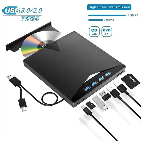 External CD DVD Drive for Laptop & Desktop , [7 in 1] USB 3.0 Type-C External DVD Player, Portable CD/DVD ROM Burner with TF/SD Card Slots techvibes