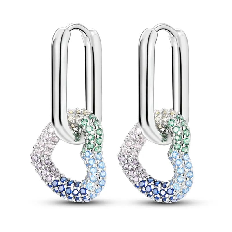 Women's 925 Sterling Silver Gradient Color Link Drop Earrings - Graduated Ombre, Colorful Heart Motif Hoop Design, Lightweight Fit, Elegant Jewelry for Birthday/Party Gifts, Daily Wear 925 Earrings, Colorful Heart Motif Earrings