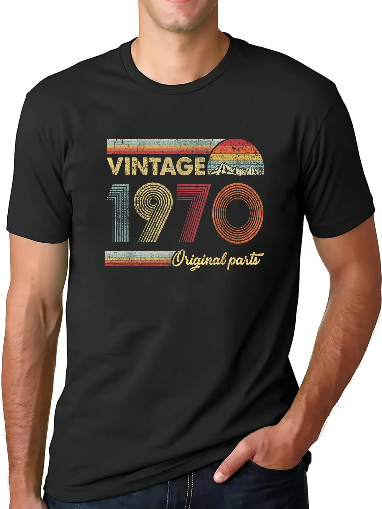 Men's 1970 Original Parts 50th Birthday Tee, Shortsleeve Round Neck Distressed Graphic Print Novelty Top for Casual Wear, Retro Pattern Men's Short-Sleeve T-Shirts, Cotton, Unisex Cut, Wide Range Of Sizes, Streetwear, Menswear, Whimsical Streetwear Look,,