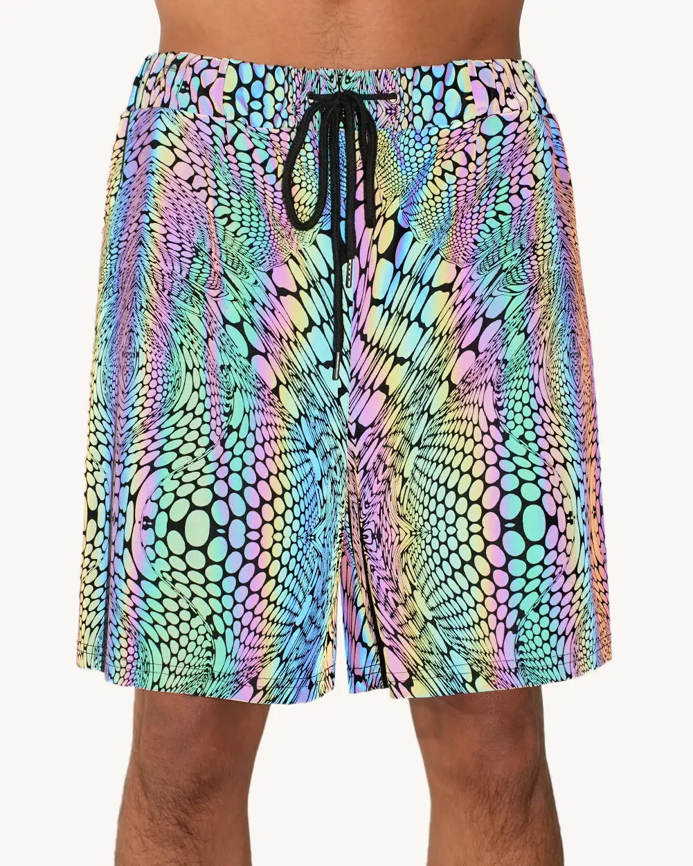 iHeartRaves Men's Original Viper Rainbow Reflective Rave Shorts, Breathable Mesh Festival Wear with Secure Zipper Pockets