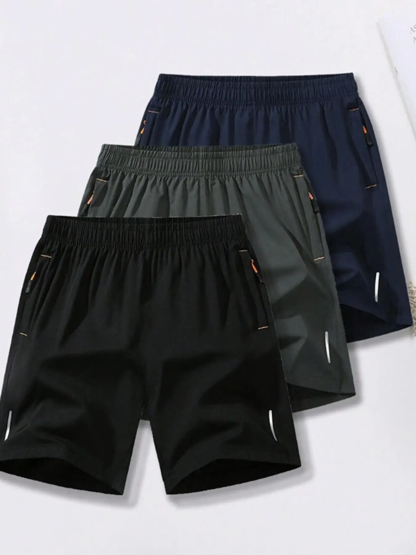 Men's Solid Zipper Pocket Shorts Three-piece Set, Casual Elastic Waist Track Shorts for Summer, Breathable Quick Drying Shorts for Running Gym Workou