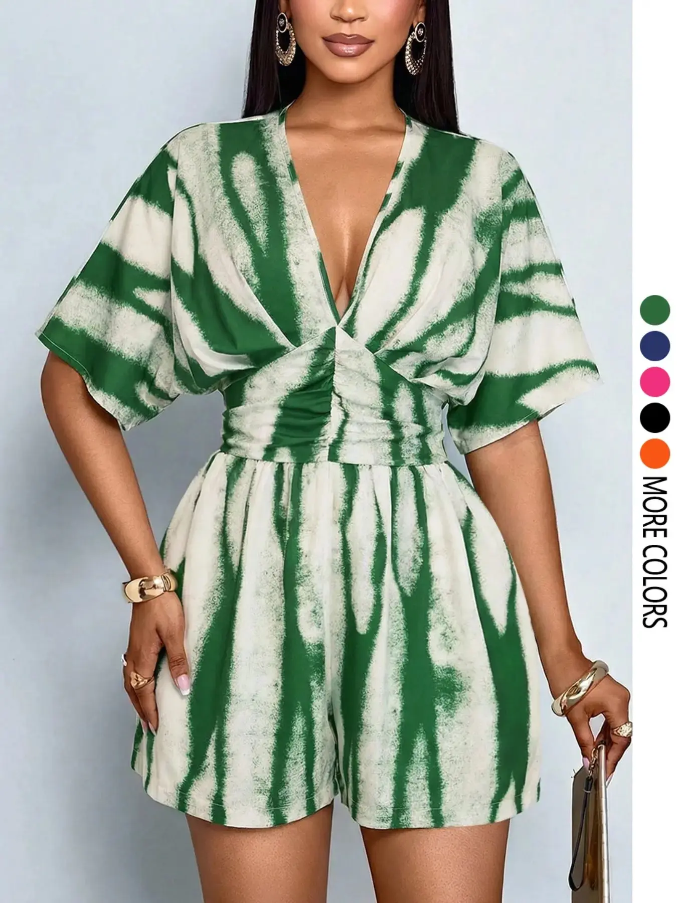 Women's Bohemian-style jumpsuit with butterfly sleeves and shorts features a sexy, fitted waist and tie-dye Print design, perfect for everyday wear and summer vacations.