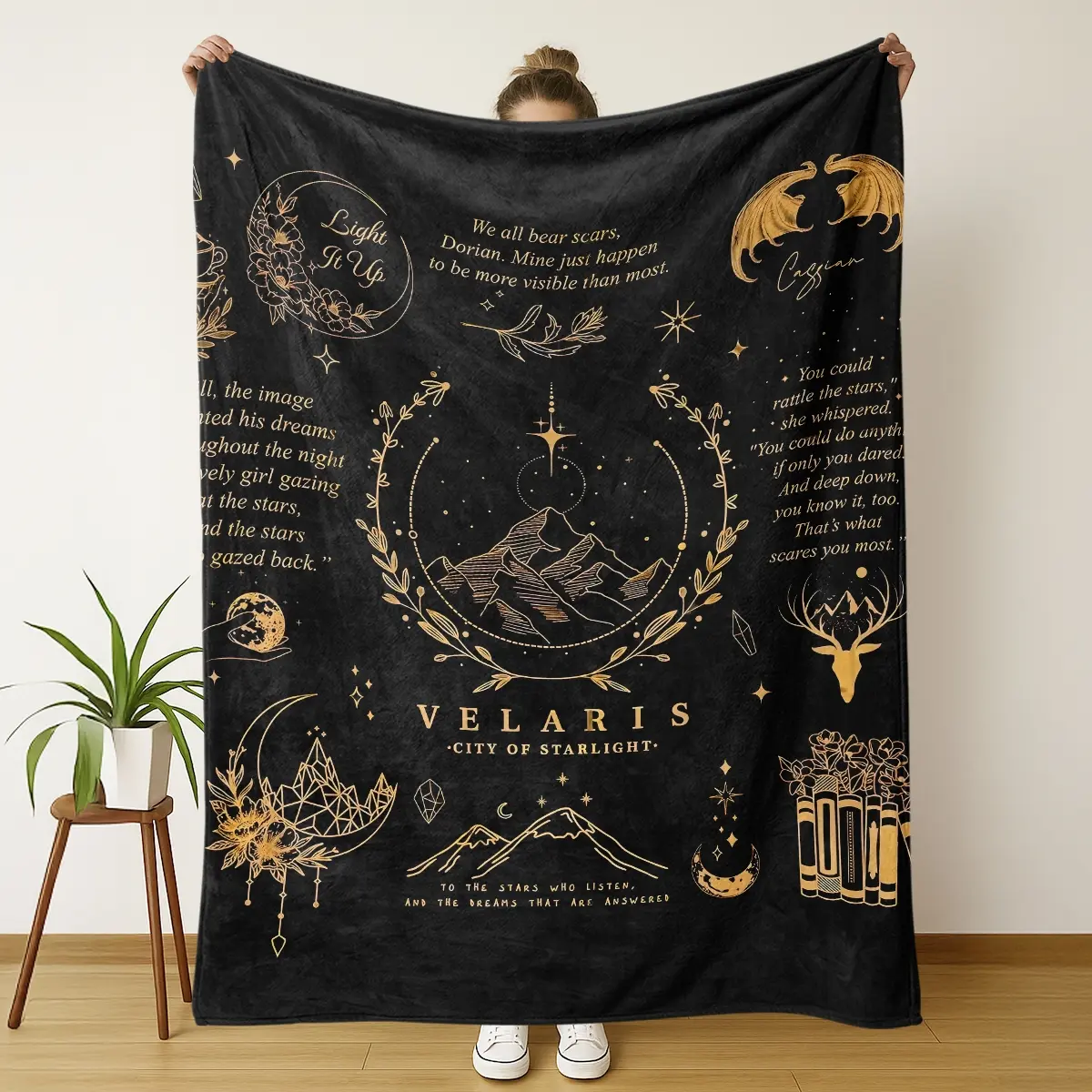 Cozy Flannel Throw Blanket - ACOTAR Theme Stain-Resistant with Printed Texts, SJM Book Series Fan Merchandise, Decorative Giftable Blankets Pairing with Night Court Thorn Rose Plush Pillow for Her, Cozy Throw Blanket