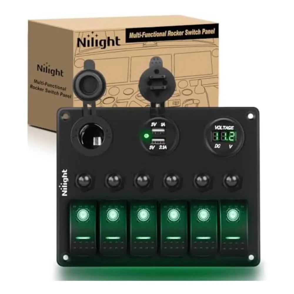 Nilight 6-Gang Backlit ON-Off Rocker Switch Panel - 12-24V Input Pre-Wired Kit with LED Digital Voltage Monitor, Dual USB Ports, Overload Protection, ABS Plastic Vehicle Accessory for Cars, Trucks, Backlight