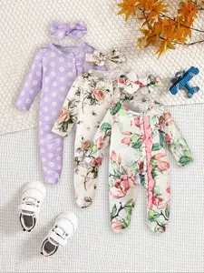 3-Piece Baby Rompers with Bow Headband Simple Solid Color Style Washable & Durable + Slight Elastic Cut For 0-1 Year Old Babies Daily Care/Doctor Visits