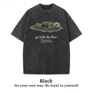 National Geographic "Go with the Flow" Unisex T-Shirt, Gift，Fitness Retro Thick Cotton Sports Washed Loose T-Shirt graphic