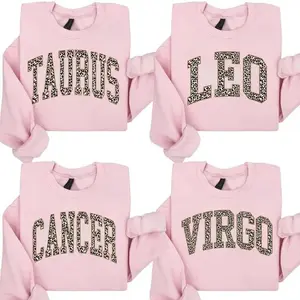 [Full 12 Zodiac] Leopard Print Zodiac Sweatshirt – Light Pink Color, Astrology Sign Crewneck for Women, Taurus Leo Cancer Virgo Graphic Pullover, Trendy Star Sign Sweater Gift