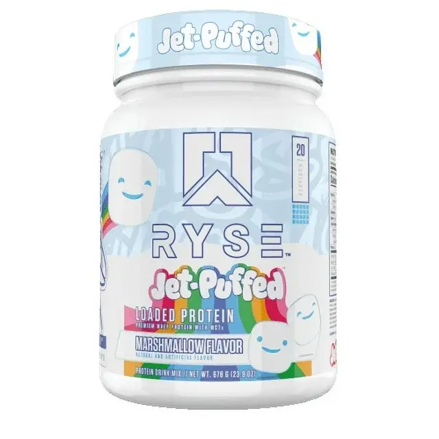 RYSE Jet-Puffed Marshmallow Whey Protein Powder - 25g Whey Isolate, Added Prebiotic Fiber, MCT's & Metabolism Support, Youth-Boosting, 20-Serving Bottle, Post-Workout Fitness Nutritional Supplement