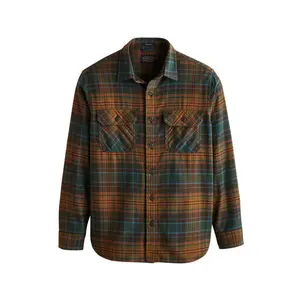Pendleton Men's Brushed Soft Collar Plaid Burnside Flannel Shirt - 100% Cotton Long-Sleeve Casual Shirts, Olive Blue Rust Check, 24in, Button-Through Pockets with Pen Slots, Menswear Top