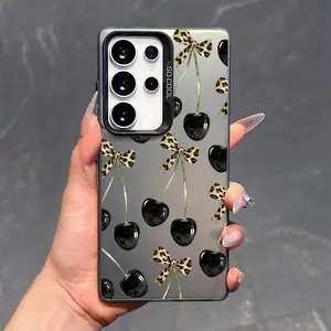 Black Cherry Leopard Print Bow Pattern Phone Case For Samsung Galaxy S26 Ultra S25 Plus S24 S23 FE S22 S21 Shockproof Drop Protective Durable PC Smartphone Cover Cellphone Casing Cover