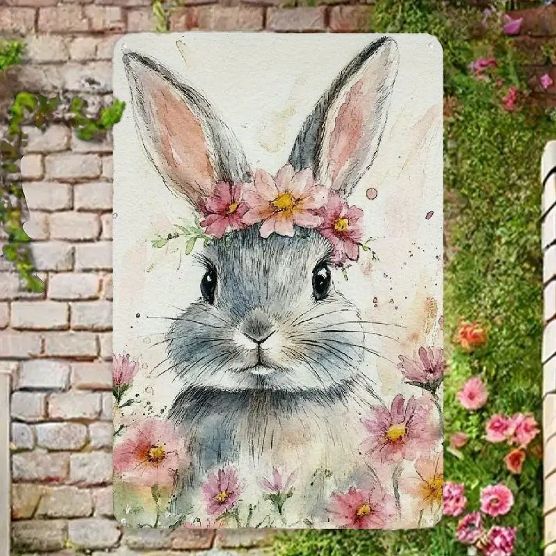 Easter Bunny Metal Tin Sign Easter Wall Art Bunny Decoration Spring Decoration Easter Primitive Country Decor Bunny Art, Suitable for Home Living Bedroom Room Kitchen 8x12inch