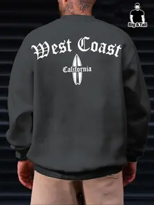 【Plus Size】 Letter & Geometric Print Drop Shoulder Sweatshirt, Casual Regular Fit Long Sleeve Round Neck Pullover for Fall & Winter, Men's Clothing for Daily Wear