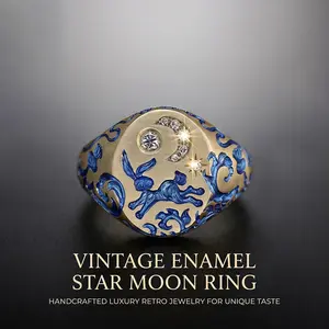 Retro Rings, Vintage Blue Enamel Ring with Synthetic Zircon Moon Rabbit Emblem, Floral Engraving and Uniquely Crafted Starry Sky Costume Jewelry